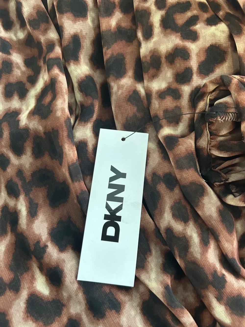 DKNY Chiffon Leopard Print Blouson Sleeve Empire Waist Dress - Picture 4 of 16